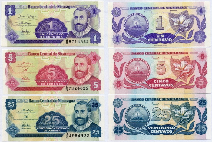 (1991, 3 шт, 1, 5, 25 центаво) Набор банкот Никарагуа 1991 год &quot;Франсиско Эрнандес де Кордоба&quot;   UNC